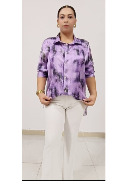 Büyük Beden Pamuk Saten Kumaş Manşet Kollu 75 cm Boy Geniş Anne Gömlek