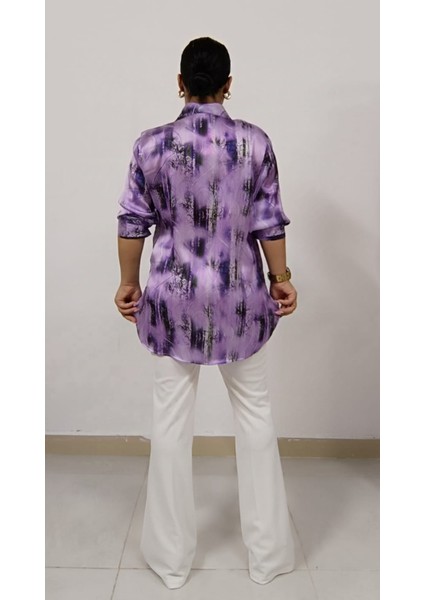 Büyük Beden Pamuk Saten Kumaş Manşet Kollu 75 cm Boy Geniş Anne Gömlek