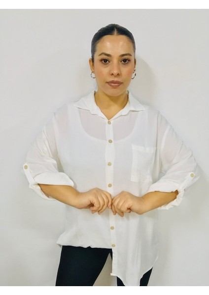 Büyük Beden % 100 Pamuk Ince Tensel Kumaşyıkamalı Taşlanmış Katlanabilir Kollu Gömlek