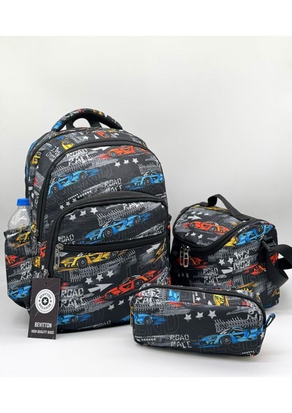 Ilk Okul Çantası 3'lü Seti Ilkokul Çantası Araba Desenli Takım Erkek Çocuğu Siyah