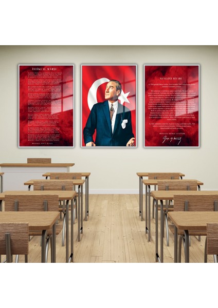 3'lü Metal Çerçeveli Cam Tablo Seti Atatürk İstiklal Marşı ve Gençliğe Hitabe
