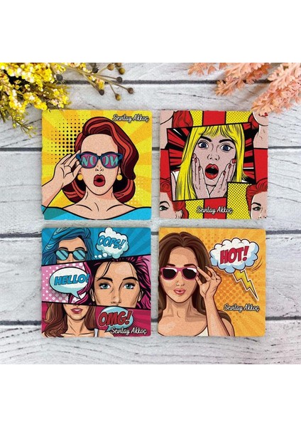 Kişiye Özel Popart Girl 4’lü Taş Bardak Altlığı