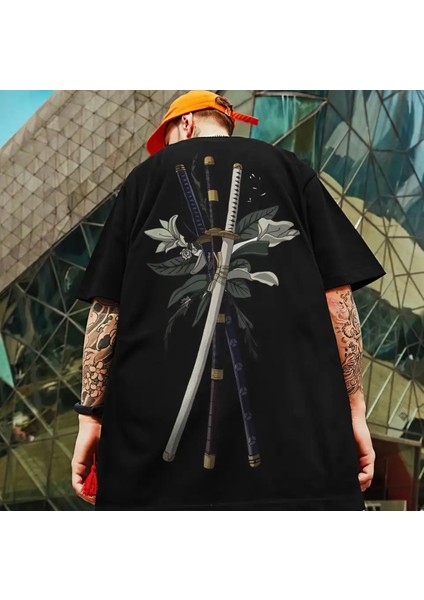 Büyük Beden Özel Tasarım Üç Ninja Kılıcı Sırt Baskılı Japon Stil Battal Erkek T-Shırt