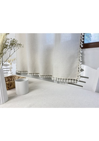 Krem Püsküllü - Ponponlu Pamuklu Vintage Natural Buldan Keten Perde Güneşlik & Fon - En x Boy fırsatları