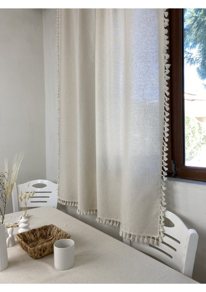 Krem Püsküllü - Ponponlu Pamuklu Vintage Natural Buldan Keten Perde Güneşlik & Fon - En x Boy fiyatları
