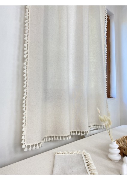 Krem Püsküllü - Ponponlu Pamuklu Vintage Natural Buldan Keten Perde Güneşlik & Fon - En x Boy modelleri