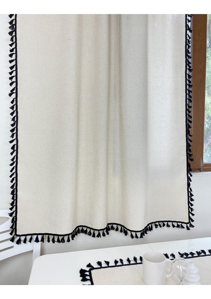 Siyah Püsküllü - Ponponlu Pamuklu Vintage Natural Buldan Keten Perde Güneşlik & Fon - En x Boy