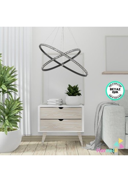 Elips Crystal Taşlı Beyaz Ledli Avize