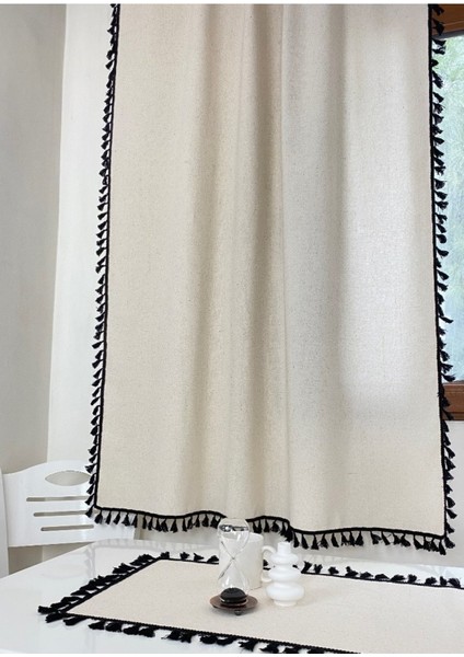 Siyah Püsküllü - Ponponlu Pamuklu Vintage Natural Buldan Keten Perde Güneşlik & Fon - En x Boy