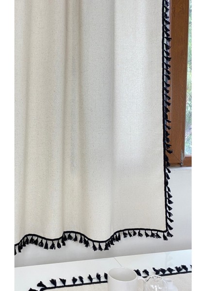 Siyah Püsküllü - Ponponlu Pamuklu Vintage Natural Buldan Keten Perde Güneşlik & Fon - En x Boy fiyatları