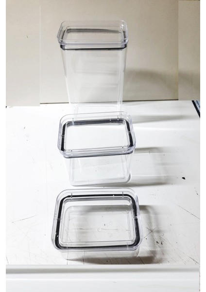 3 Adet 3 Boy Akrilik Kavanoz Saklama Kabı Vakumlu Dikdörtgen Erzak Bakliyat Kabı (800-1700-3500 Ml)