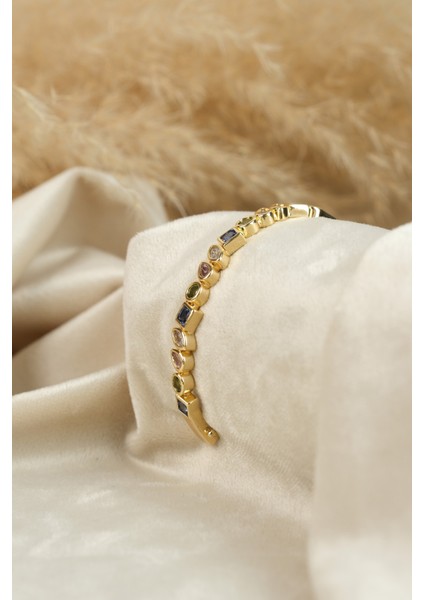 Gold Özel Tasarım 3 Renk Taşlı Kelepçe Bileklik