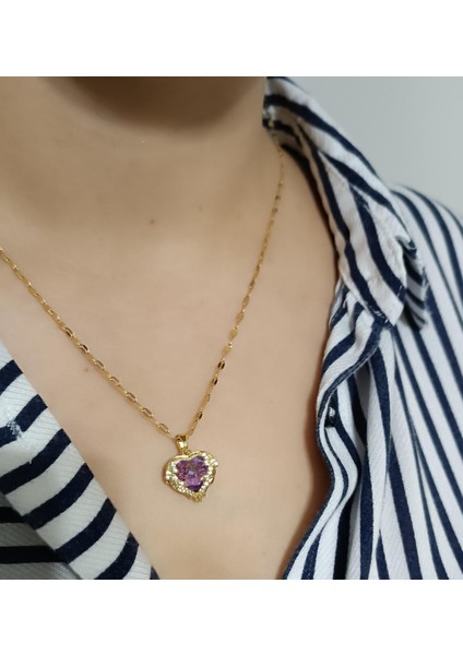 1.sınıf Çelik Kararma Yapmaz Okyanus Kalpli Mor Mavi Kolye