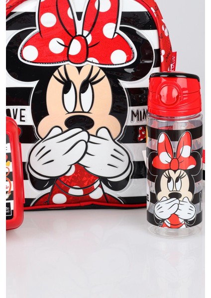 Yeni Sezon Lisanslı Mınnıe Mouse Anaokul Çantası beslenme Kabı ve Trıtan Matara 500 ml Okul Seti