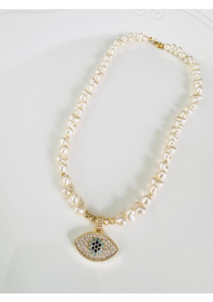 Kalpli Incili Nazar Boncuklu Göz Kolye 45 cm modelleri
