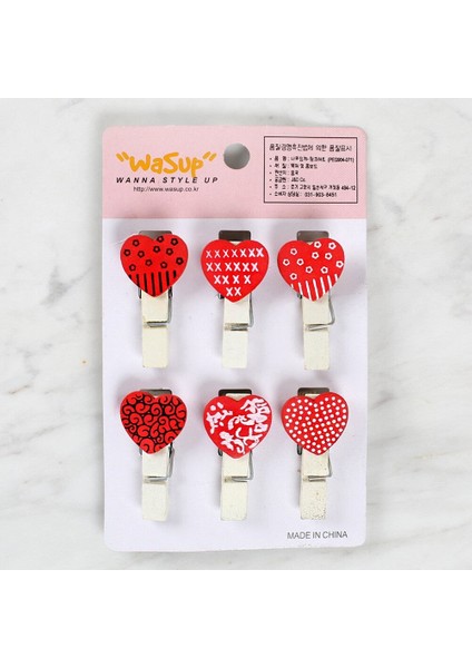 Dekoratif Kırmızı Kalp Desenli Mandal 6'lı