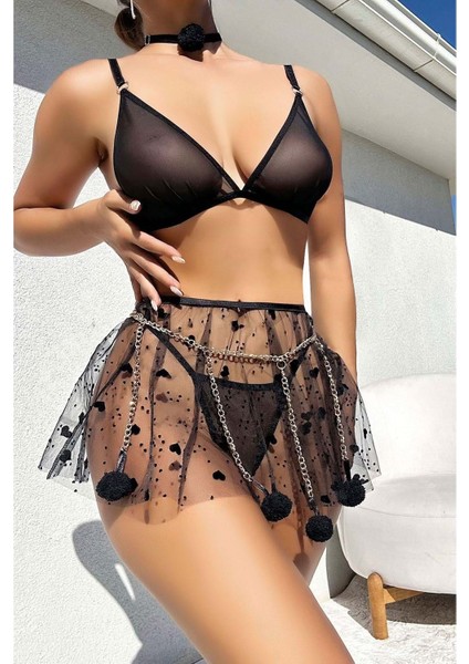 Hotflirt Nightlight 3617ZINCIRLI Kalp Desenli Mini Etekli Takım - Siyah - L-Xl