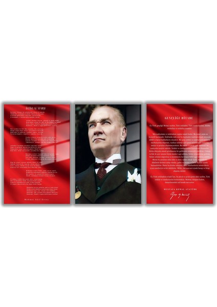 Temperli Gerçek Cam Tablo Seti Mavi Gözlü Atatürk Istiklal Marşı ve Gençliğe Hitabe