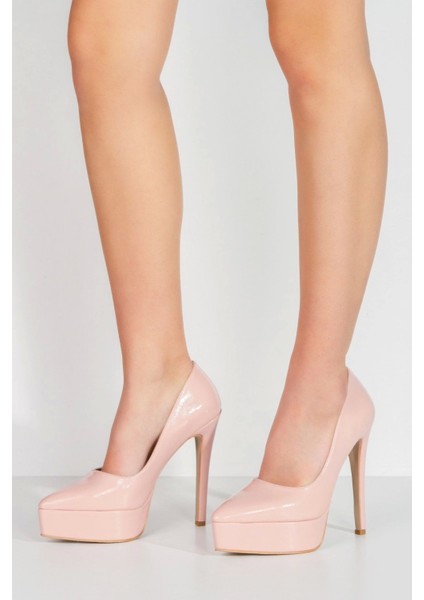 Kadın Pudra Rugan Yüksek Topuklu Abiye Ayakkabı