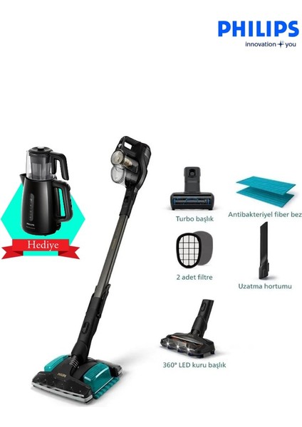 Speedpro Max Aqua Plus Kablosuz Dikey Süpürge, Aqua Başlık, LED Başlık XC8349 Şarjlı Dik Süpürge +Philips Çay Makinesi