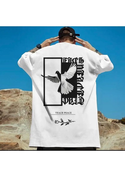 Büyük Beden Özel Tasarım Teach Peace Sırt Baskılı Oversize Battal Erkek T-Shırt