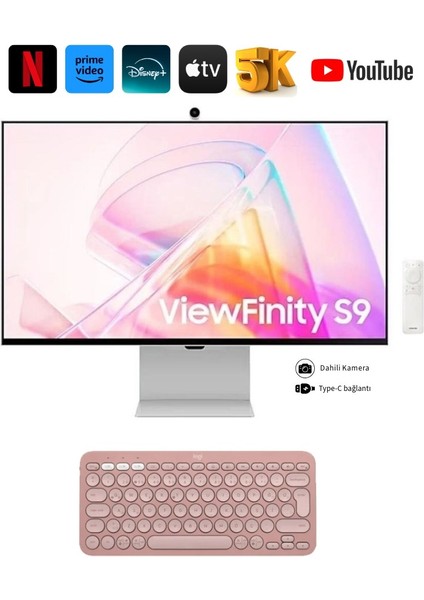 5K(5120 x 2880) Mat Yüksek Çözünürlük, 4k-Kameralı Akıllı Monitör 27"inç 68 cm Ekran (Mini-Dp) Premium Slim Tasarım-Bluetooth Tizen™ Akıllı Tv-Monitör+ Hareketli Askı Aparatı+ Kablosuz Klavye