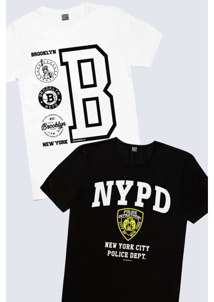 Brooklyn Logo Beyaz, Nypd Erkek Tişört 2'li Eko Paket