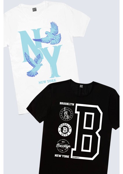Brooklyn Logo Siyah, Ny Güvercinleri Beyaz Erkek Tişört 2'li Eko Paket