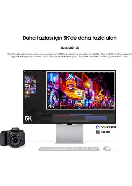 5K(5120 x 2880) Mat Yüksek Çözünürlük, 4k-Kameralı Akıllı Monitör 27"inç 68 cm Ekran (Mini-Dp) Premium Slim Tasarım-Bluetooth Tizen™ Akıllı Tv-Monitör+ Hareketli Askı Aparatı+ Kablosuz Klavye