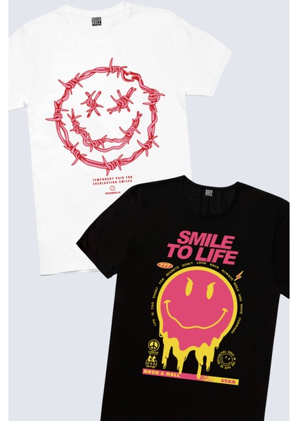 Dikenli Yüz Beyaz, Hayata Gülümse Siyah Erkek Tişört 2'li Eko Paket
