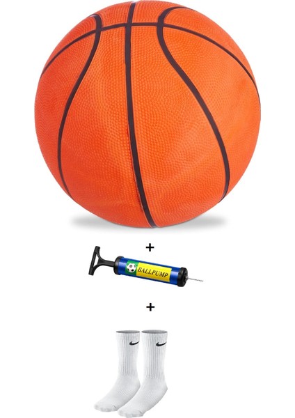 Basketbol Topu 7 Numara Iç ve Dış Mekan Uygun Turuncu Basketbol Topu+Pompa+Çorap