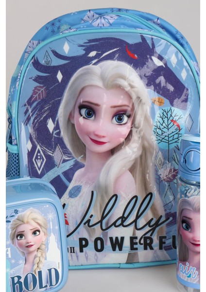 Dekomus Lisanslı "mavi Karlar Ülkesi Elsa Frozen Koleksiyonu "anaokul Çantası,beslenme Kabı ve 500 ml Trıtan Matara Okul/kırtasiye Seti