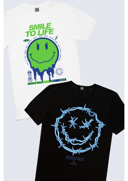Dikenli Yüz Siyah, Hayata Gülümse Beyaz Erkek Tişört 2'li Eko Paket