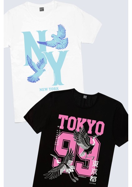 Ny Güvercinleri Beyaz, Tokyo 99 Siyah Erkek Tişört 2'li Eko Paket