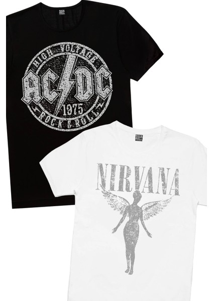 Dairede Acdc Siyah, Beyaz Melek Nirvana 2'li Eko Paket T-Shirt