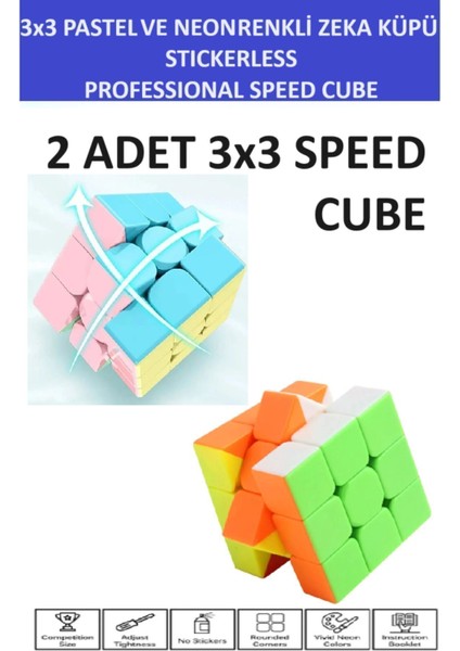 2 Adet 3x3 Zeka Sabır Küpü Neon ve Pastel Renkli Profesyonel Speed Cube