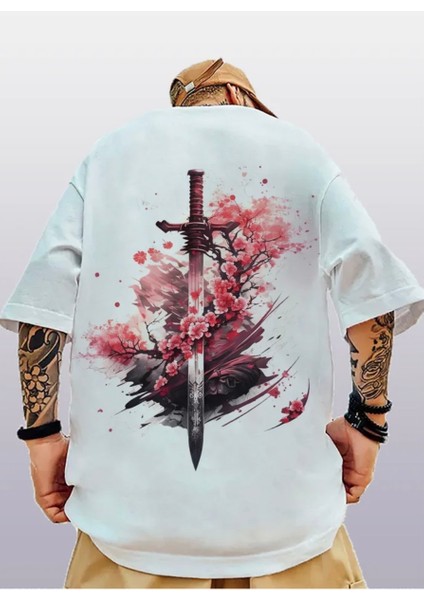 Büyük Beden Özel Tasarım Samuray Kılıcı Sırt Baskılı Oversize Battal Erkek T-Shırt