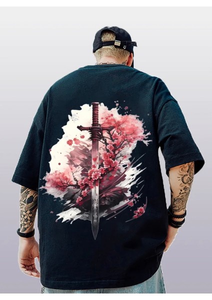 Büyük Beden Özel Tasarım Samuray Kılıcı Sırt Baskılı Oversize Battal Erkek T-Shırt