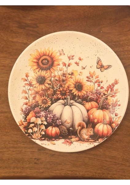 24 cm Balkabağı ve Ayçiçek Desenli Seramik Duvar Tabağı, Dekoratif Tabak,