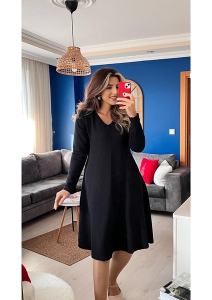 Kadın Uzun Kollu V Yakalı Salaş Midi Iki Iplik Elbise