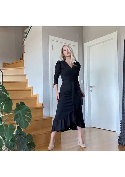 Krep Kumaş Midi Boy Kuşaklı Uzunkol Elbise 113 cm