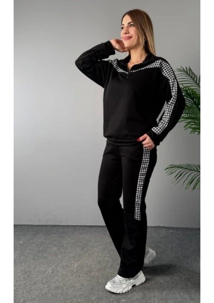 Kadın Fermuar ve Ekose Detay Sweatshirt ve Pantolon Üç Iplik Kumaş Ikili Takım fiyatları