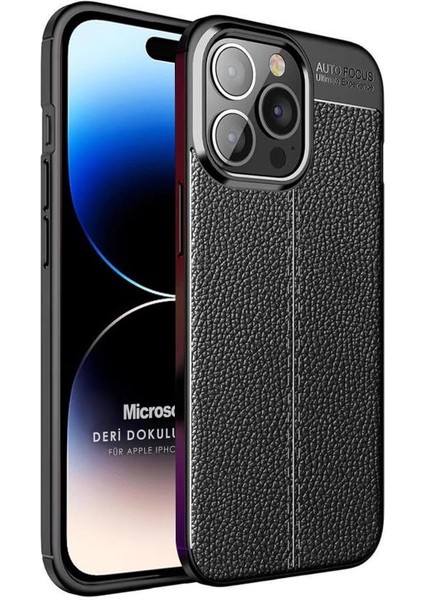 Kılıf iPhone 15 Pro Max İçin Deri Dokulu Silikon Siyah