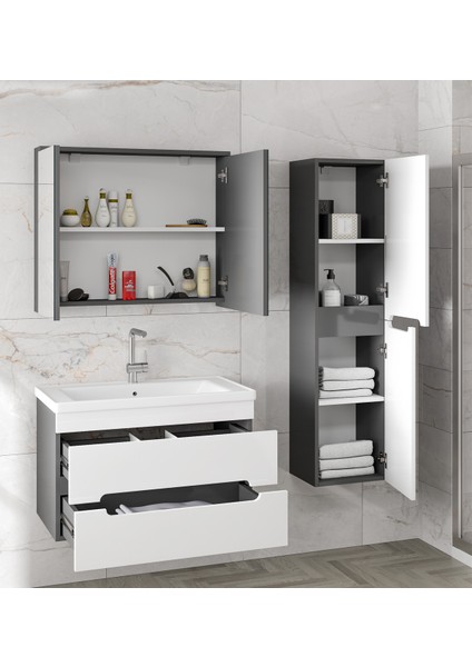 Alpi (80+35) 115 cm Mdf Boy Dolaplı Lavabolu Banyo Dolabı Seti--Hazır Kurulu-- indirimleri