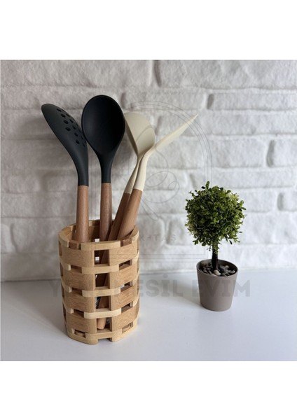 Yeninesilevim Ahşap Bambu Kaşıklık Organizer Tezgah Üstü Mutfak Banyo Düzenleyici Kalemlik Fırçalık 10*13 cm