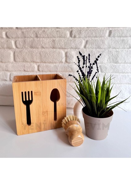 Yeninesilevim 2 Bölümlü Gözlü Ahşap Bambu Çatal Kaşıklık Organizer Tezgah Üstü Düzenleyici 10*16*16 cm