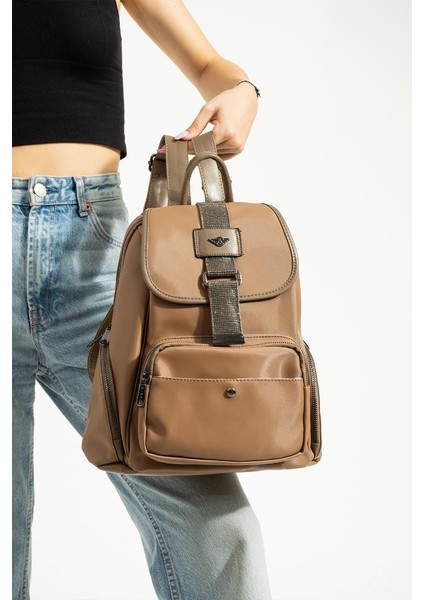 Saten Kumaş Kadın Sırt Çantası 33*23 cm Yağmur Itici Kumaş Mega Bag Kapaklı Taşlı Model