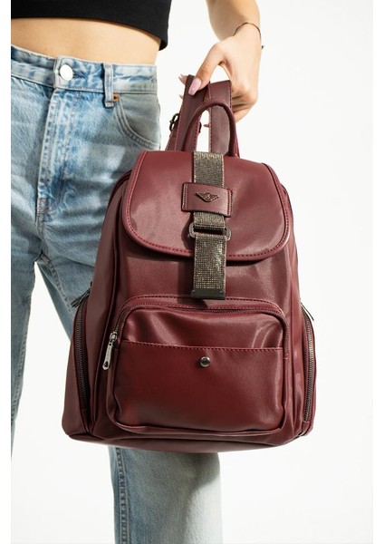 Saten Kumaş Kadın Sırt Çantası 33*23 cm Yağmur Itici Kumaş Mega Bag Kapaklı Taşlı Model