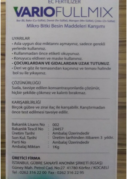 Igsaş Vario Fullmix 1 kg - Bor, Bakır, Demir, Mangan, Çinko Ec Fertilizer Organomineral Gübre fiyatları