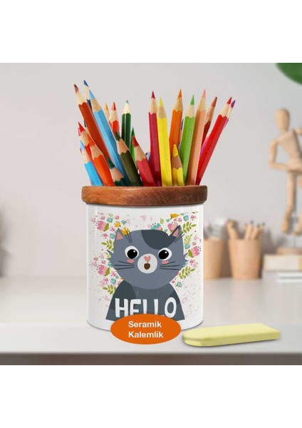 Hello Yazılı Kedi Ahşap Seramik Kalemlik - 1191-140 fiyatları